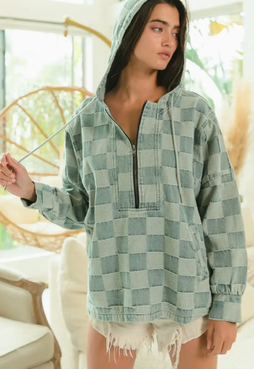 Washed Checker Denim Half Zip Up Hoodie