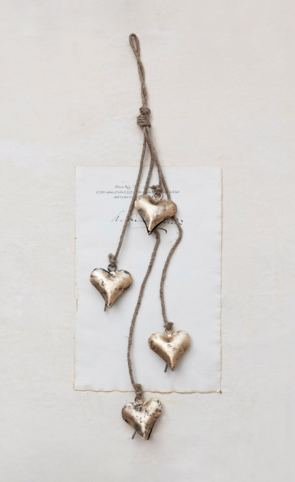 25-3/4"H Metal Hearts on Jute Rope, Antique Brass Finish