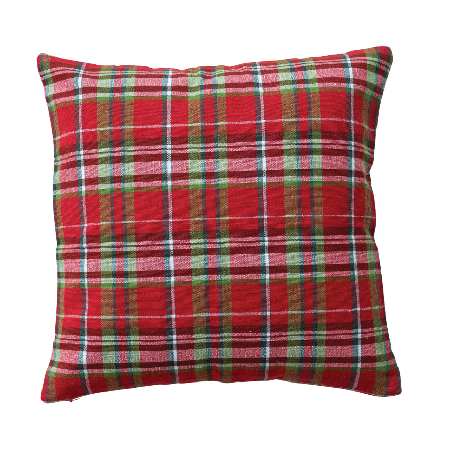 18" Square Woven Cotton Pillow with Tartan Plaid Pattern