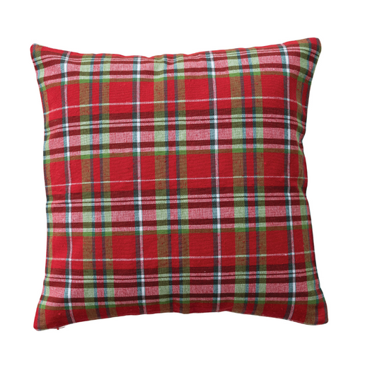 18" Square Woven Cotton Pillow with Tartan Plaid Pattern