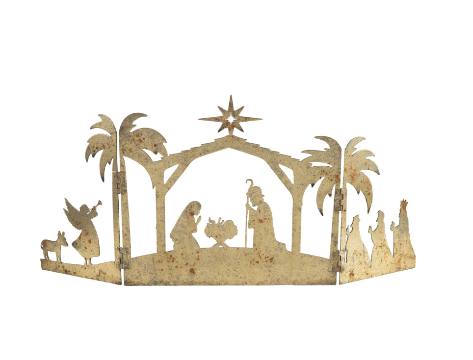 Metal Folding Mantle Scene with Nativity, Distressed Gold Finish