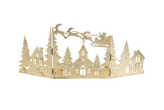 Metal Folding Mantle Scene with Santa, Sleigh & Village, Distressed Gold Finish