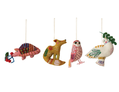 Handmade Wool Felt Animal Ornament with Embroidery & Beads, 4 Styles
