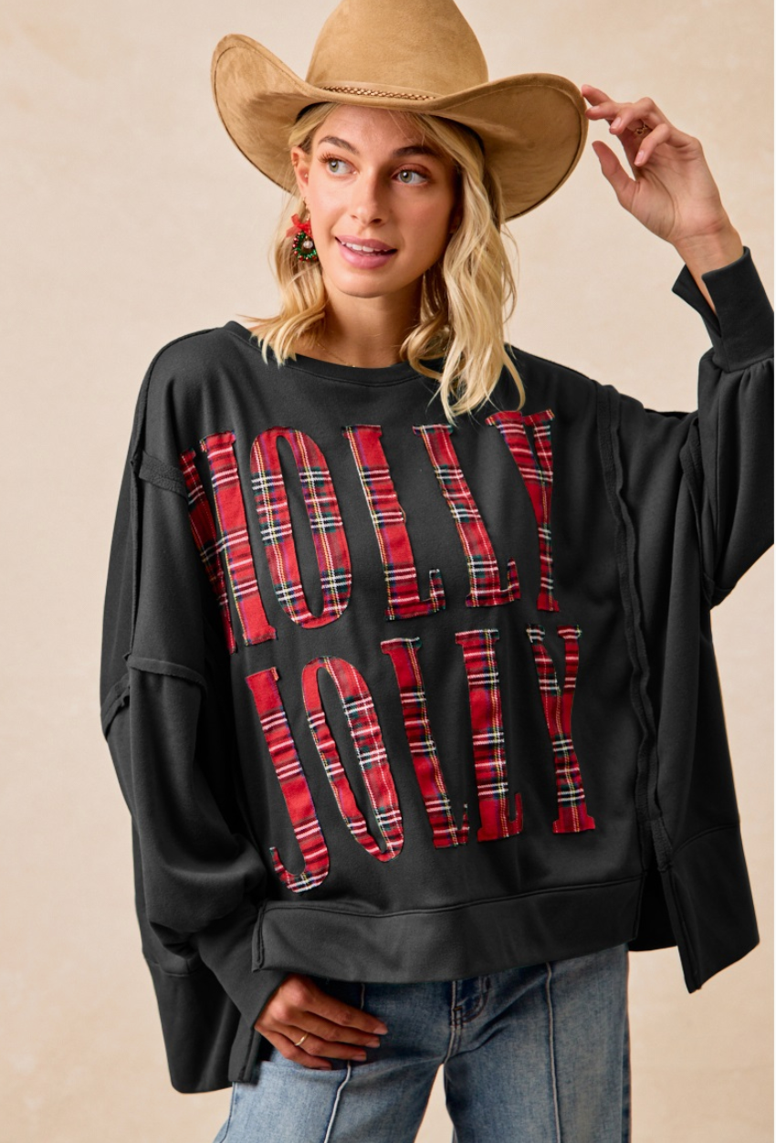 Christmas Plaid Holly Jolly Lettering Sweatshirt