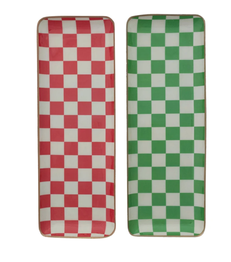 Enameled Metal Tray with Check Pattern & Gold Edges, 2 Colors