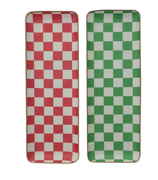 Enameled Metal Tray with Check Pattern & Gold Edges, 2 Colors