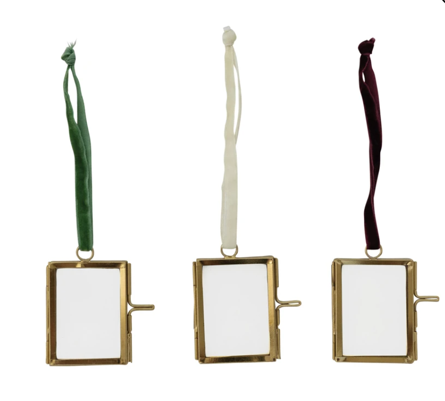 Brass & Glass Photo Frame Ornament with Velvet Ribbon Hanger, 3 Colors