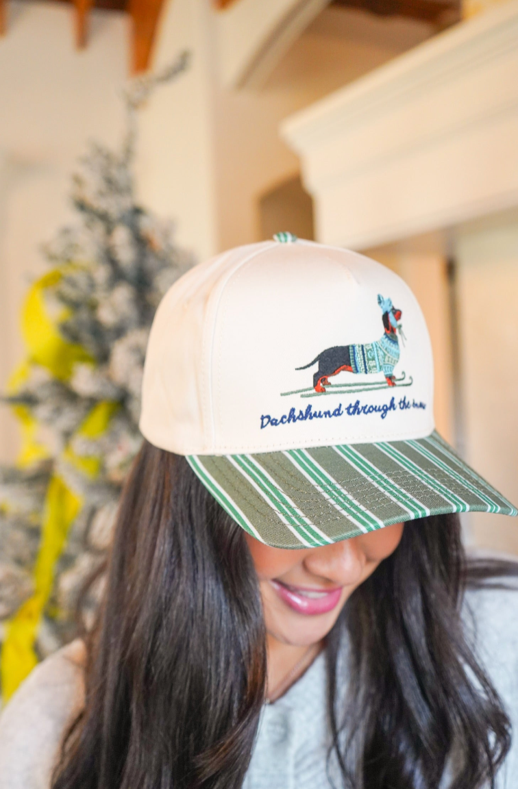 Dachshund Through the Snow - Dark Green Stripe Trucker Hat