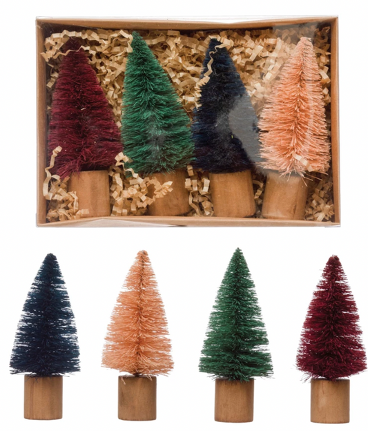 Sisal Bottle Brush Trees with Wood Base, Set of 4