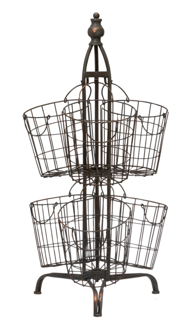 Distressed Metal Stand with 6 Wire Baskets