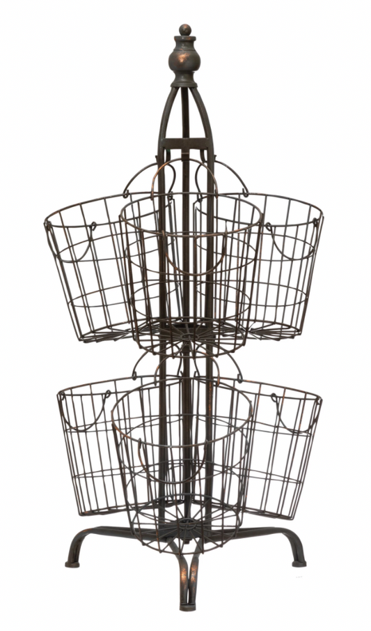 Distressed Metal Stand with 6 Wire Baskets