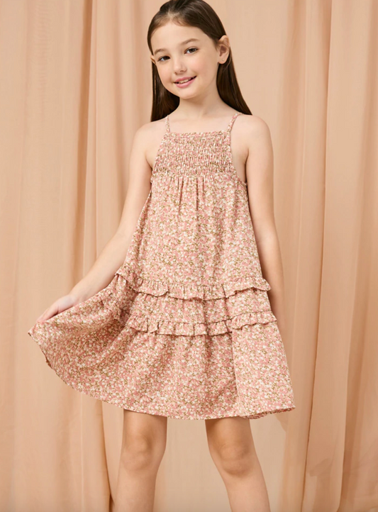 Girls Smocked Bodice Ruffled Sleeveless Dress