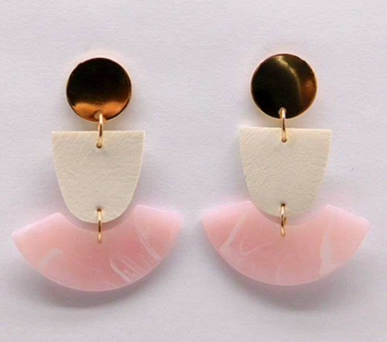 Pink Acrylic, Wood, and Gold Geometric 2" Earring