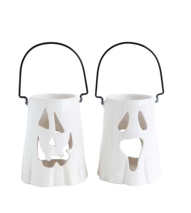 Ceramic Ghost Lantern with Metal Handle, 2 Styles