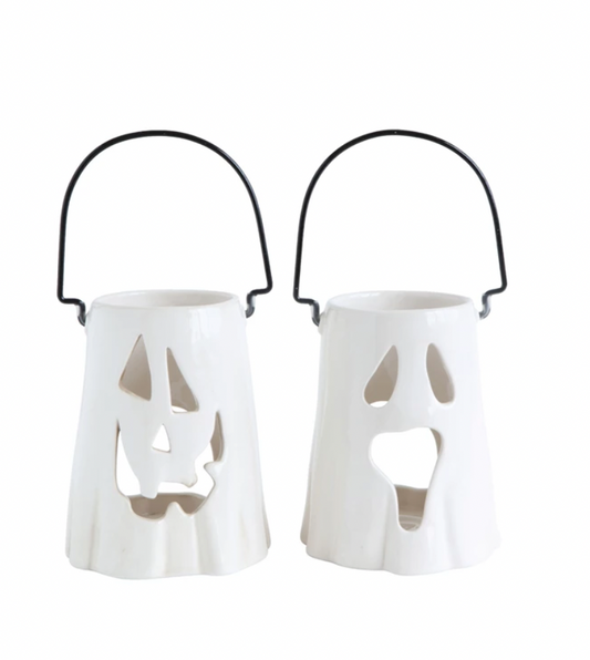 Ceramic Ghost Lantern with Metal Handle, 2 Styles