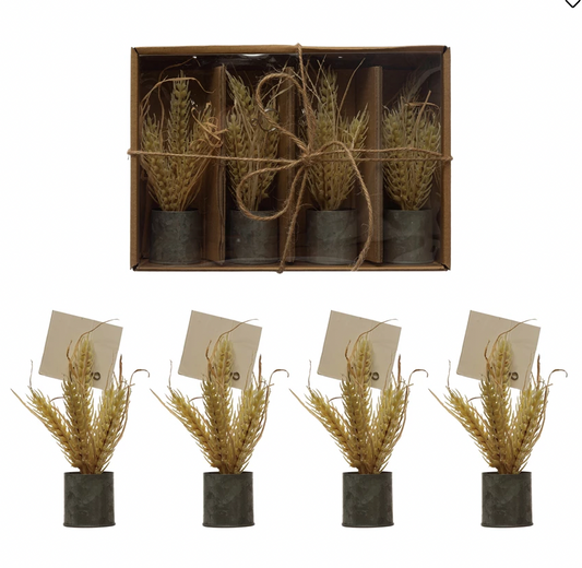 6"H Faux Wheat Place Card/Photo Holders in Galvanized Metal Pot, Boxed Set of 4