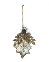 5-1/4"H Hand-Painted Mercury Glass Leaf Ornament with Beads and Tinsel, Gold Finish