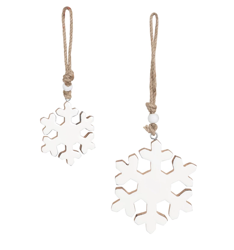 Enameled Mango Wood Snowflake Ornaments with Wood Beads, Set of 2