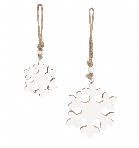 Enameled Mango Wood Snowflake Ornaments with Wood Beads, Set of 2