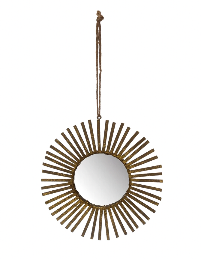 5" Round Metal Sunburst Mirror Ornament, Gold Finish