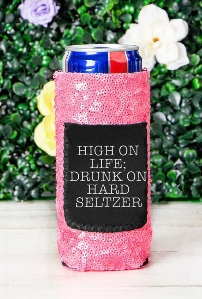 PEACHY KEEN DRUNK ON HARD SELTZER SEQUIN CAN COOLERS FOR SLIM CAN