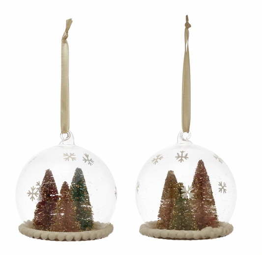 3-1/2" Round Glass Globe Ornament with Bottle Brush Trees and Pom Poms, 2 Styles