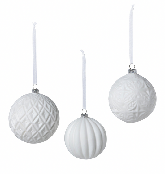 Quilted Pattern Matte White Glass Ball Ornament, 3 Assorted Styles