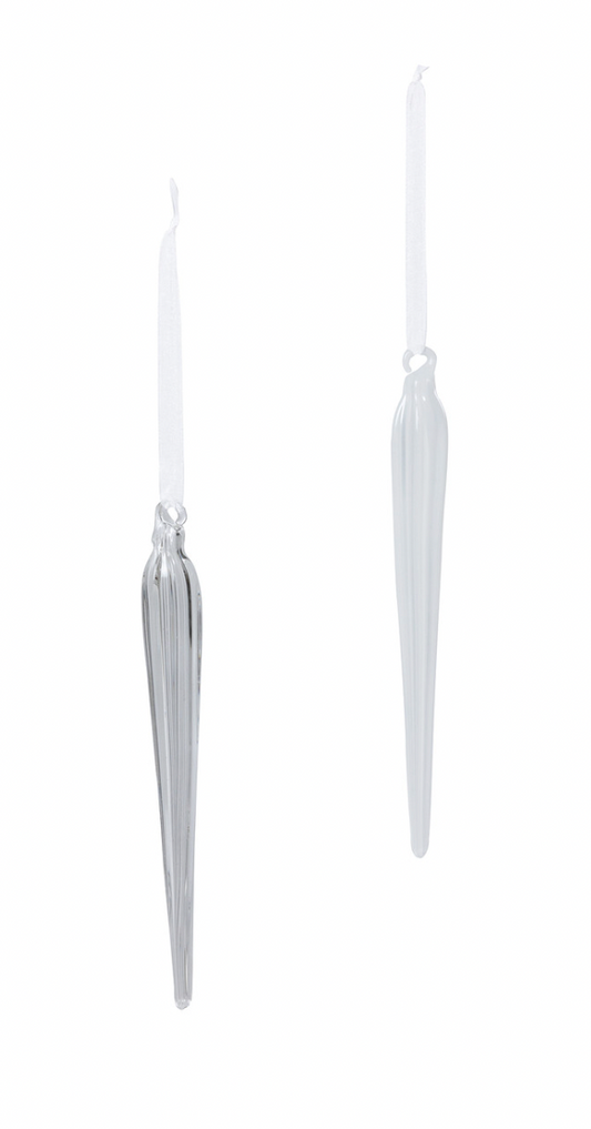 Blown Glass Clear/Frost Icicles, 8", 2 Assorted Styles