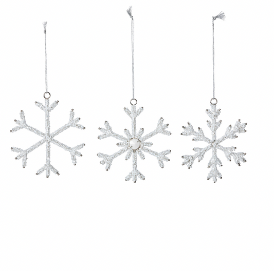 White Glass Beaded Snowflake Ornament