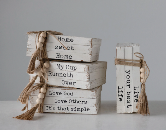 Wood Block Faux Books with Saying, 4 Styles