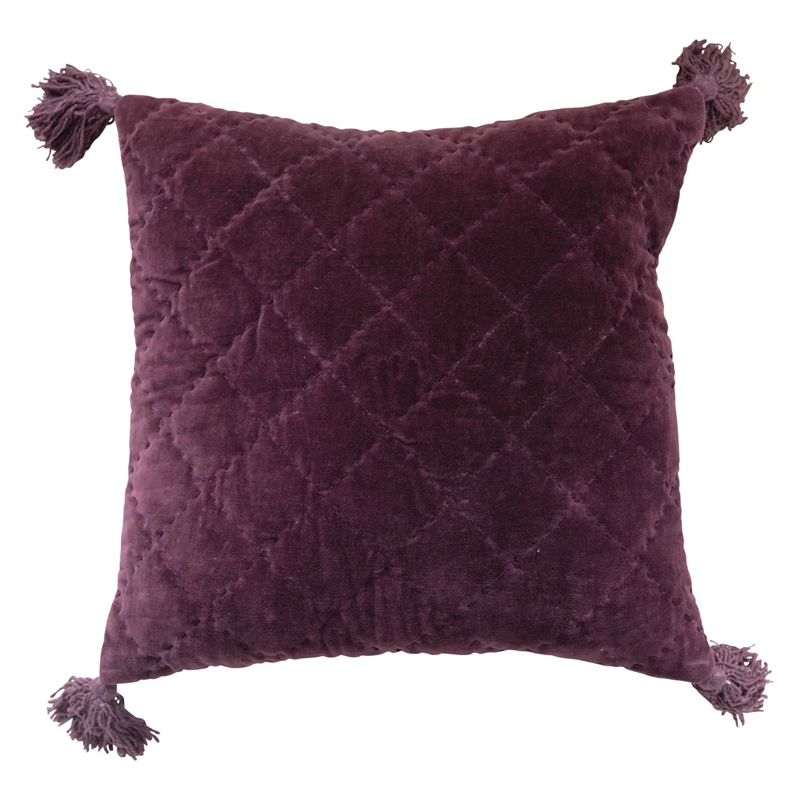 20" Quilted Cotton Velvet Pillow with Tassels, Plum