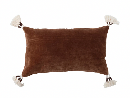 Cotton Velvet Lumbar Pillow w/ Tassels, Brown & Cream Color